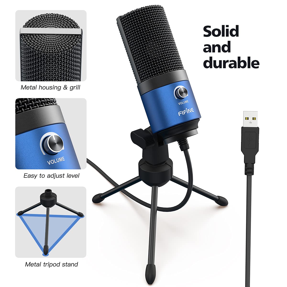 FIFINE USB Computer Microphone for Recording YouTube Video Voice Over Vocals for Mac & PC, Condenser Mic with Gain Control for H
